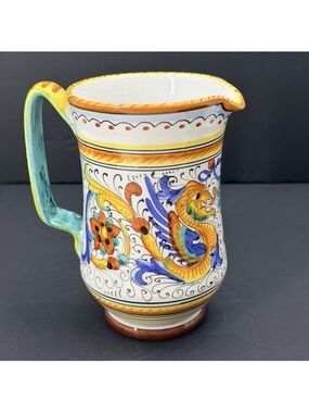 VTG DERUTA ITALY Hand Painted Hotel Ida Ceprano Pitcher Colorful Floral Dragons
